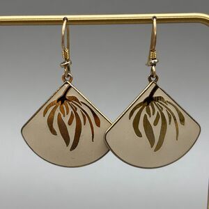 Laurel Burch Signed Enamel Willow Fan Earrings Floral Cream Gold Dangle Vintage